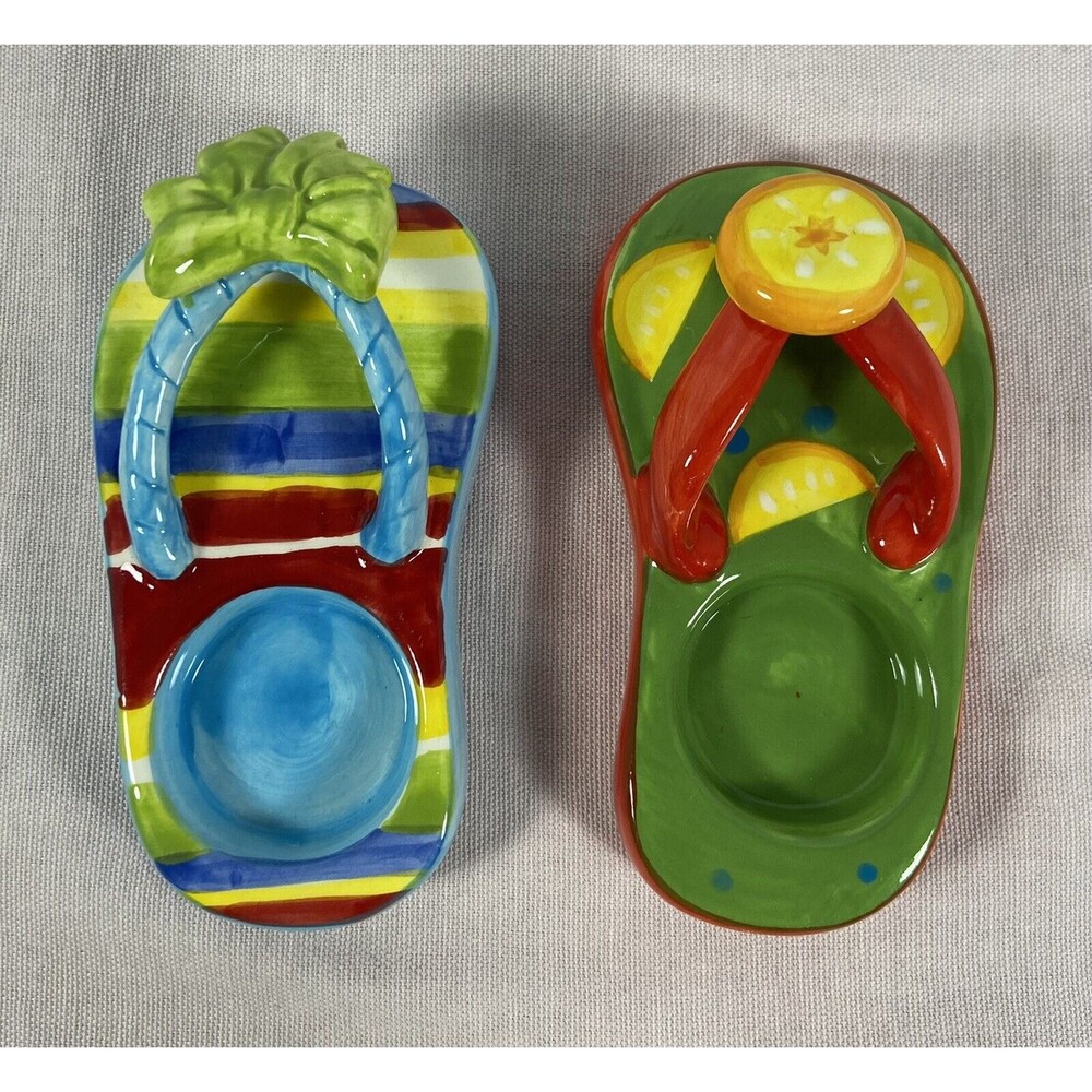 New Two Porcelain Tea Light Candle Holders Flip Flop Shape Nantucket Home